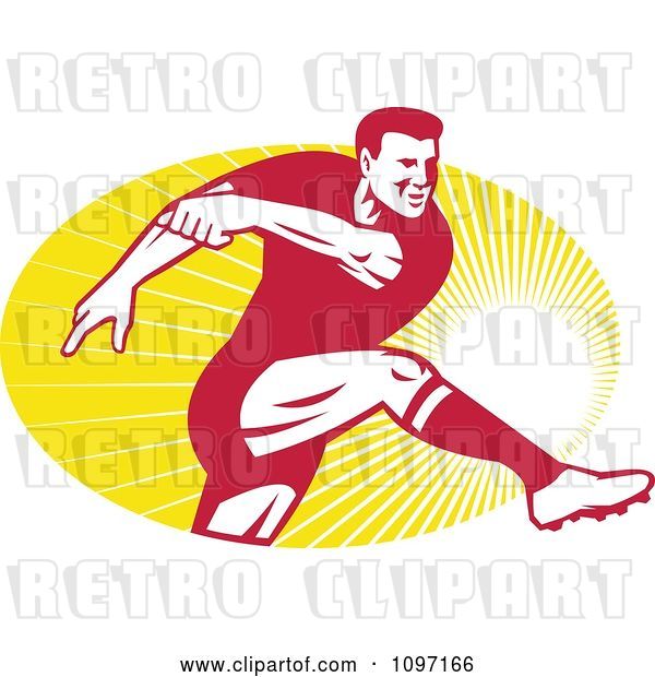 Vector Clip Art of Retro Male Rugby Player Kicking the Ball over Rays
