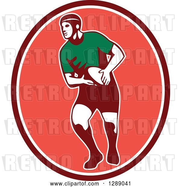 Vector Clip Art of Retro Male Rugby Player Passing the Ball in a Maroon White and Pink Oval
