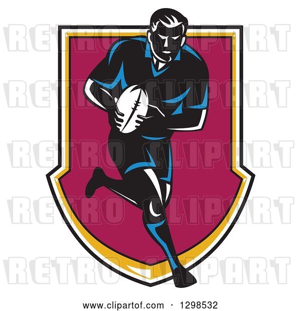 Vector Clip Art of Retro Male Rugby Player Running and Passing in a Shield