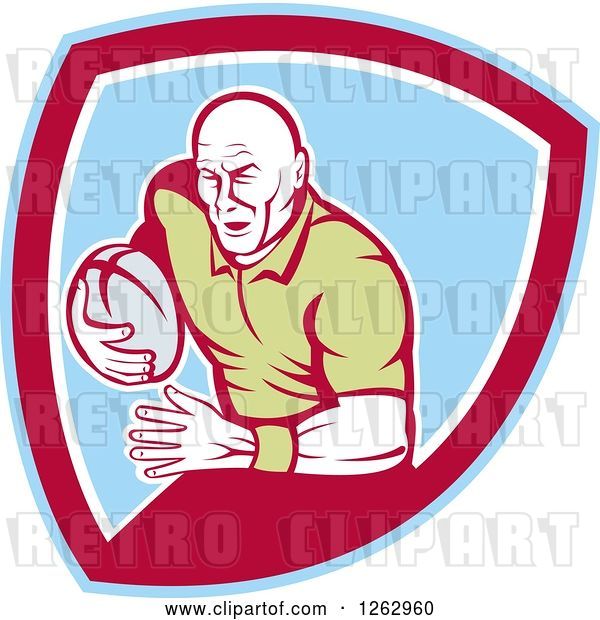 Vector Clip Art of Retro Male Rugby Player Running in a Blue Red and White Shield