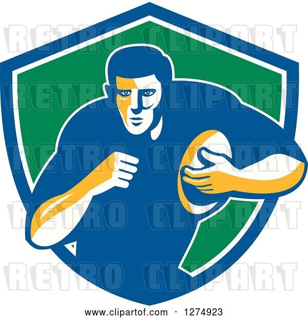 Vector Clip Art of Retro Male Rugby Player Running in a Blue White and Green Shield