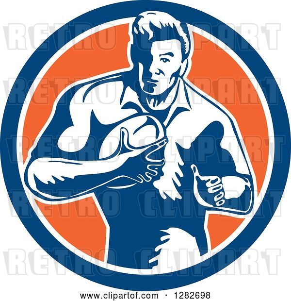 Vector Clip Art of Retro Male Rugby Player Running in a Blue White and Orange Circle