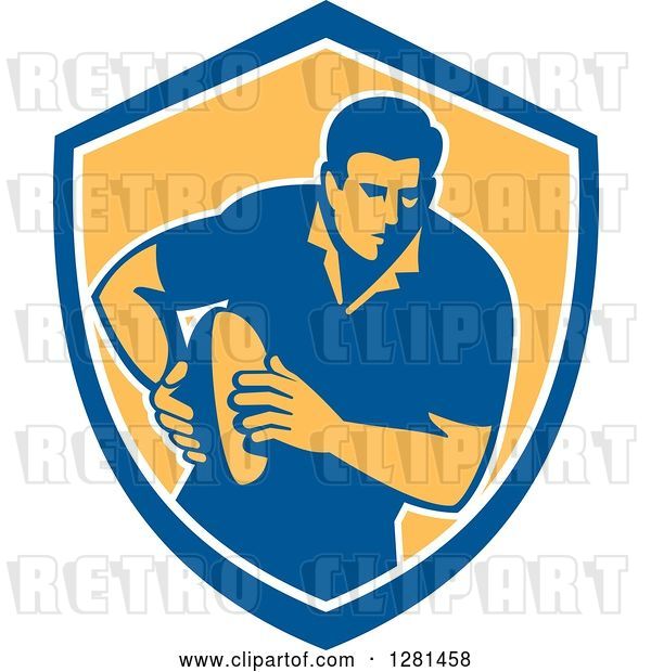 Vector Clip Art of Retro Male Rugby Player Running in a Blue White and Yellow Shield