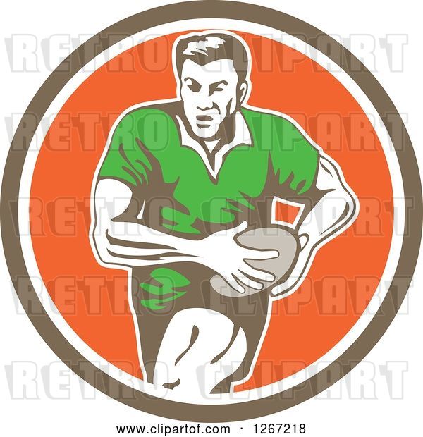 Vector Clip Art of Retro Male Rugby Player Running in a Brown White and Orange Circle