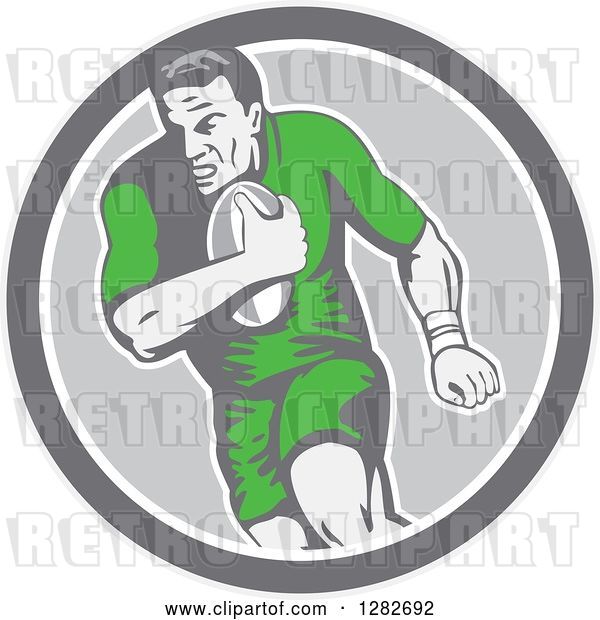 Vector Clip Art of Retro Male Rugby Player Running in a Gray and White Circle