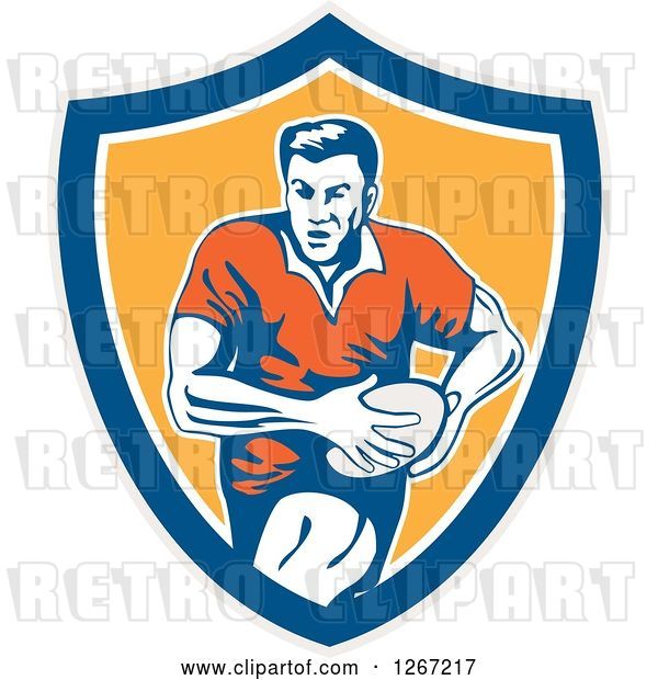 Vector Clip Art of Retro Male Rugby Player Running in a Gray Blue White or Yellow Shield
