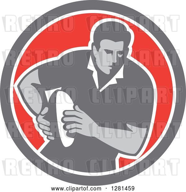 Vector Clip Art of Retro Male Rugby Player Running in a Gray White and Red Circle