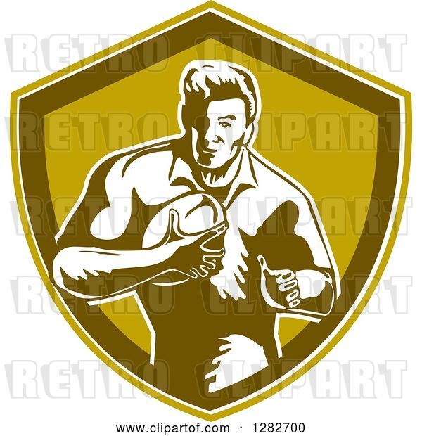 Vector Clip Art of Retro Male Rugby Player Running in a Green and White Shield