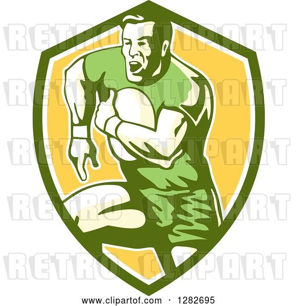 Vector Clip Art of Retro Male Rugby Player Running in a Green White and Yellow Shield
