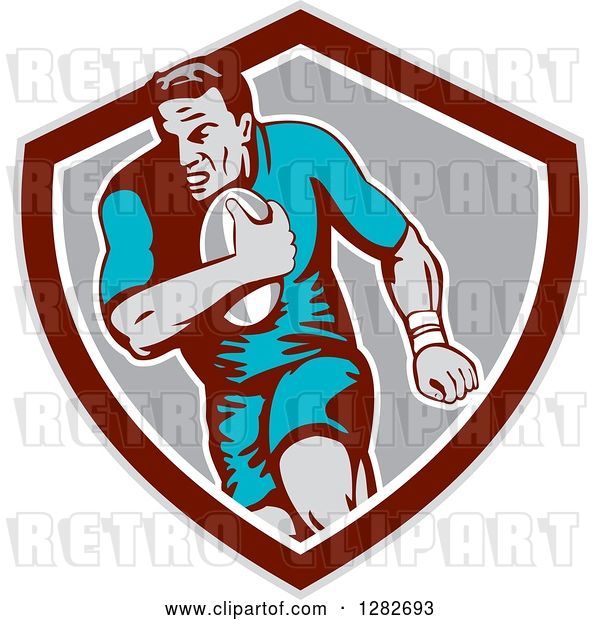 Vector Clip Art of Retro Male Rugby Player Running in a Taupe Maroon White and Gray Shield