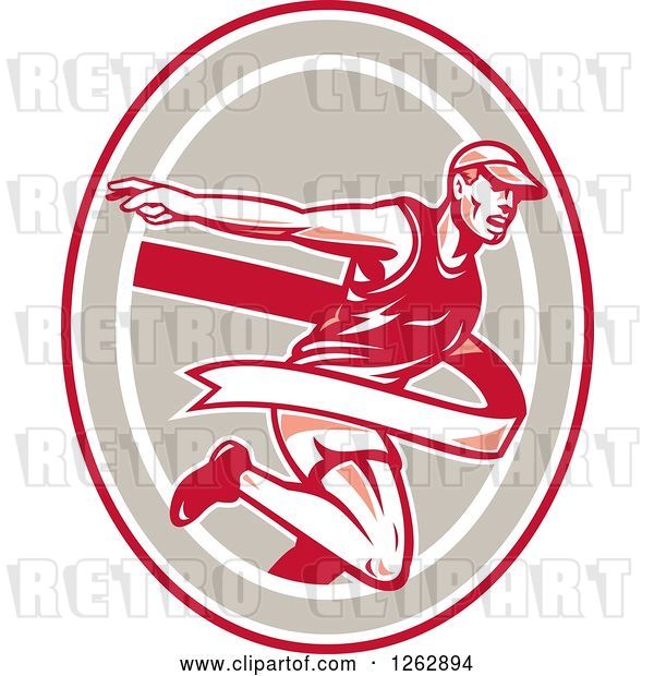 Vector Clip Art of Retro Male Runner Breaking Through a Finish Line in a Red Taupe and White Oval
