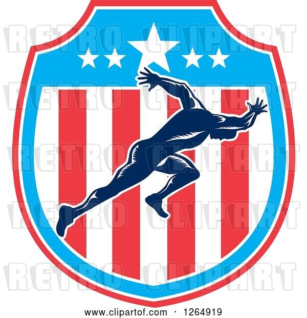Vector Clip Art of Retro Male Runner Sprinting in an American Flag Shield