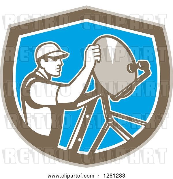 Vector Clip Art of Retro Male Satellite Installer Adjusting a Dish in a Brown White and Blue Shield