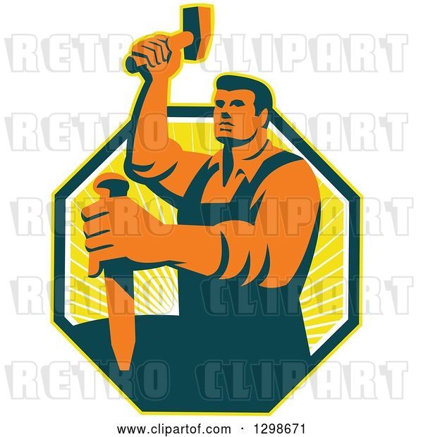 Vector Clip Art of Retro Male Sculptor Striking a Chisel in a Yellow Sunshine Octagon