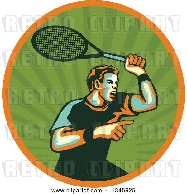 Vector Clip Art of Retro Male Tennis Player Athlete Pointing and Holding up a Racket in a Green Ray and Orange Circle