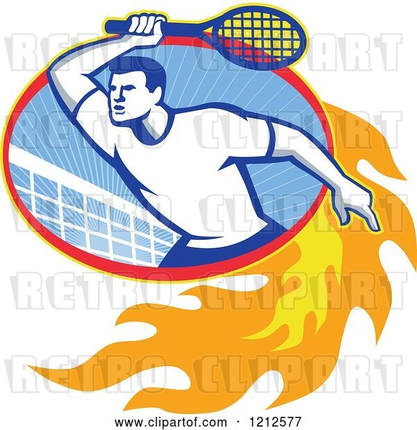 Vector Clip Art of Retro Male Tennis Player in a Flaming Oval with a Net