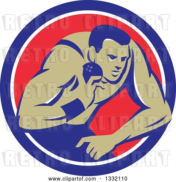Vector Clip Art of Retro Male Track and Field Shot Put Athlete Throwing in a Blue White and Red Circle