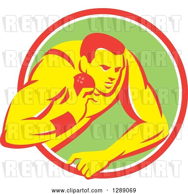 Vector Clip Art of Retro Male Track and Field Shot Put Athlete Throwing in a Pink White and Green Circle