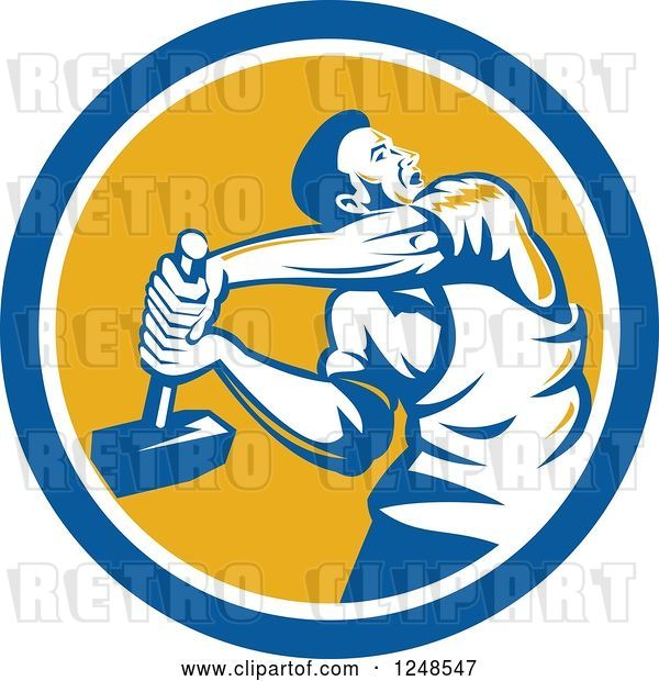 Vector Clip Art of Retro Male Union Worker Using a Sledgehammer in a Circle