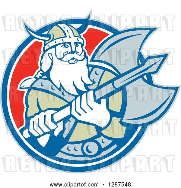 Vector Clip Art of Retro Male Viking Warrior with a Battle Axe in a Blue White and Red Circle