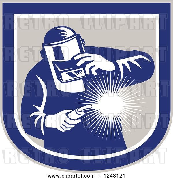 Vector Clip Art of Retro Male Welder Holding a Torch in a Shield