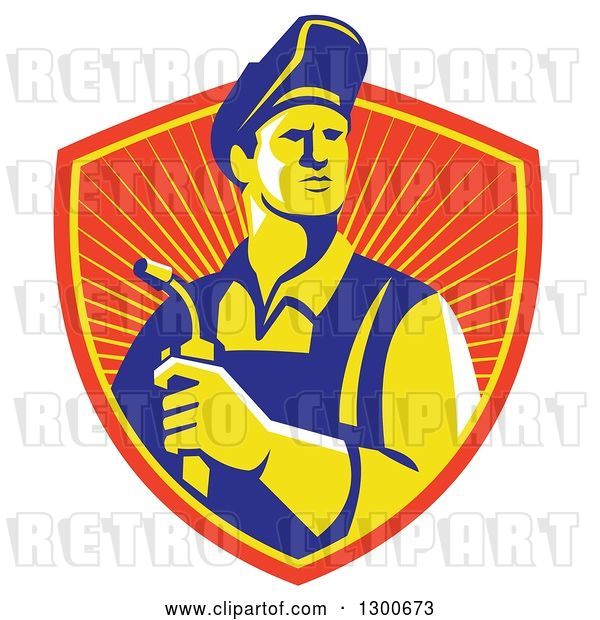 Vector Clip Art of Retro Male Welder Holding a Torch in a Sunny Shield