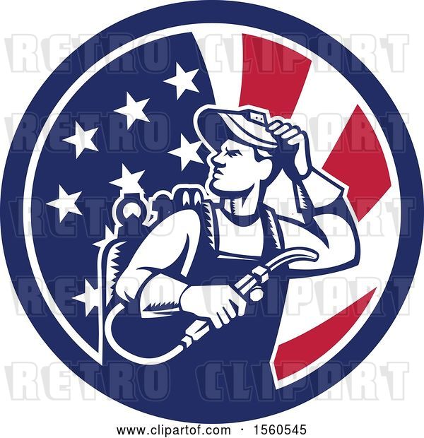 Vector Clip Art of Retro Male Welder Looking Back over His Shoulder in an American Flag Circle