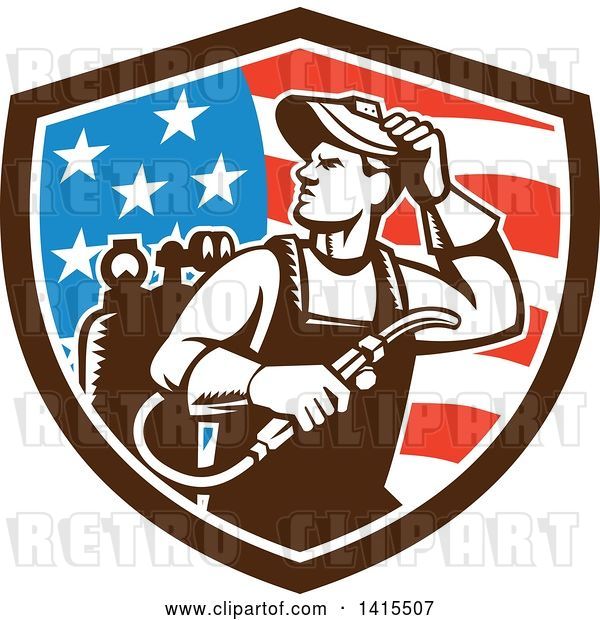Vector Clip Art of Retro Male Welder Looking Back over His Shoulder in an American Shield