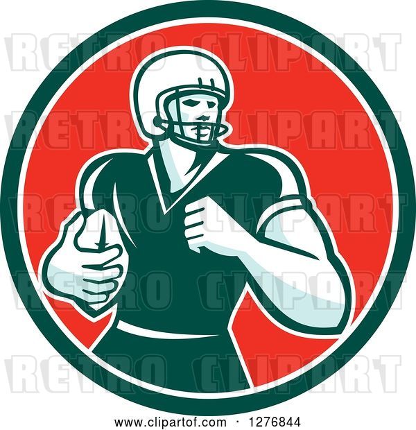Vector Clip Art of Retro Male White Football Player Runningback with a Ball in a Green White and Red Circle