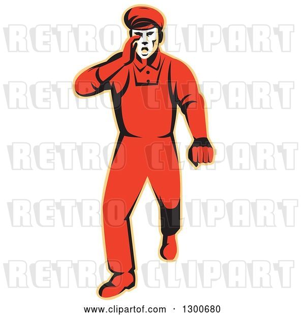 Vector Clip Art of Retro Male Worker Protesting, Walking and Hollering