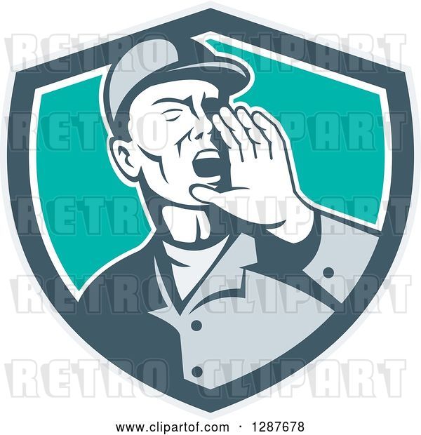 Vector Clip Art of Retro Male Worker Shouting in a Gray White and Turquoise Shield
