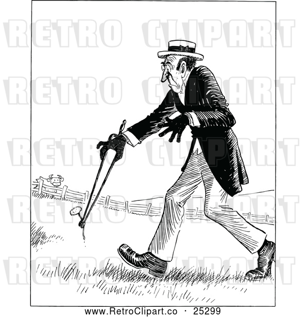 Vector Clip Art of Retro Man Carrying a Weed Through a Field