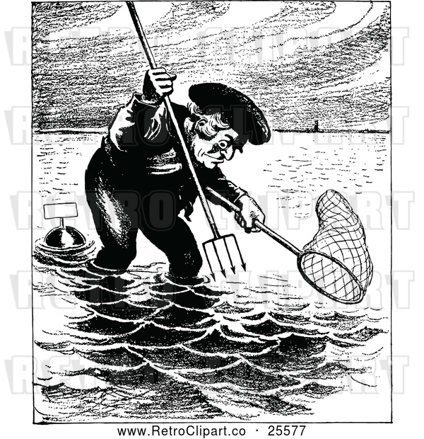 Vector Clip Art of Retro Man Fishing with a Pitchfork and Net