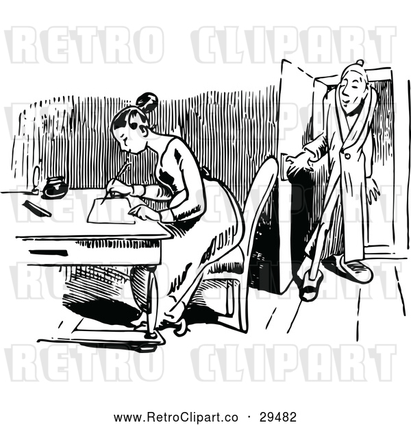 Vector Clip Art of Retro Man Peeking in at a Woman Writing a Letter