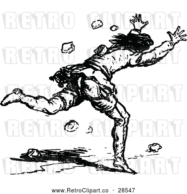 Vector Clip Art of Retro Man Running Away from Rocks