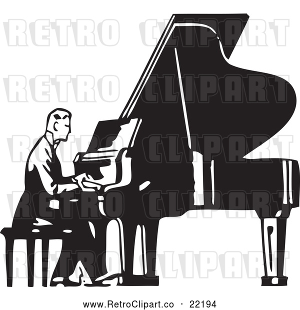 Vector Clip Art of Retro Man Seated and Playing a Piano