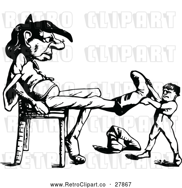 Vector Clip Art of Retro Man Taking a Giants Boots off