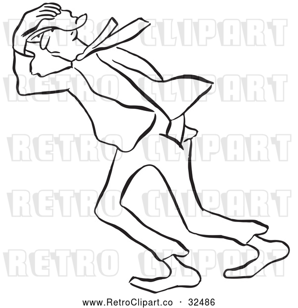 Vector Clip Art of Retro Man Trying to Keep His Hat on in the Wind Black and White