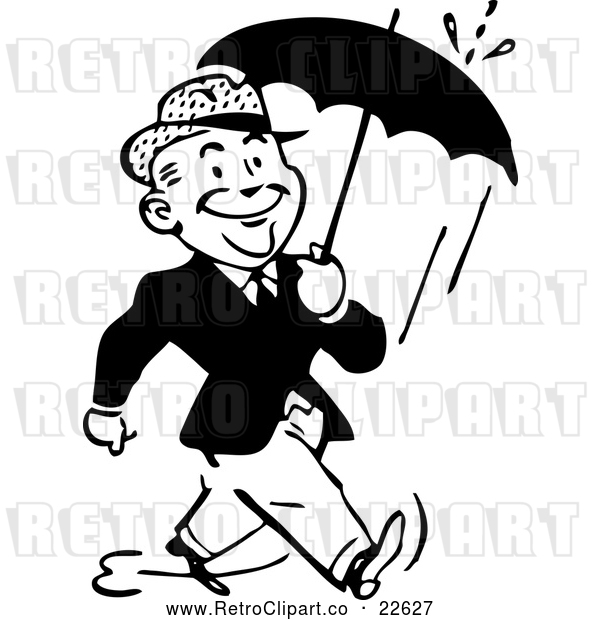 Vector Clip Art of Retro Man Walking with an Umbrella