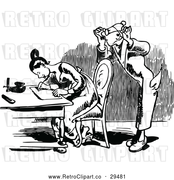 Vector Clip Art of Retro Man Watching Behind a Woman Writing a Letter