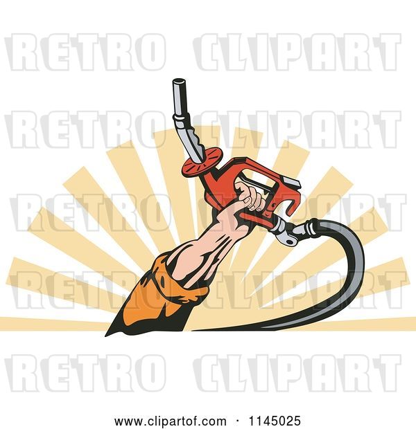 Vector Clip Art of Retro Mans Hand Holding a Gas Fuel Nozzle over Rays