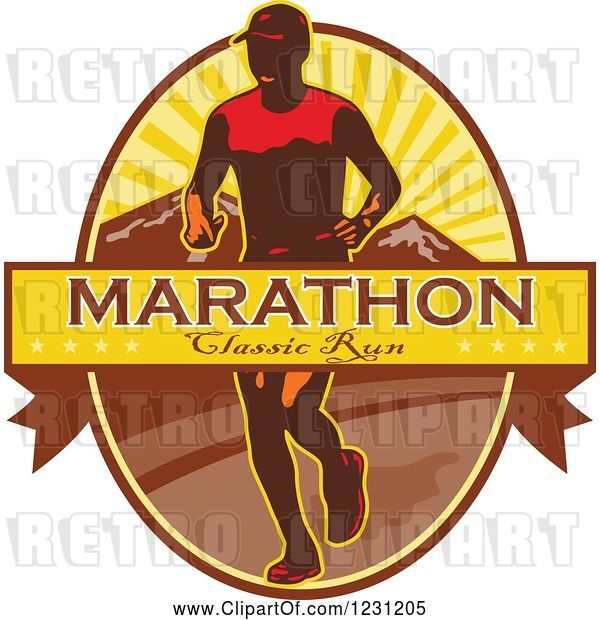 Vector Clip Art of Retro Marathon Classic Run Banner over a Guy and Mountains
