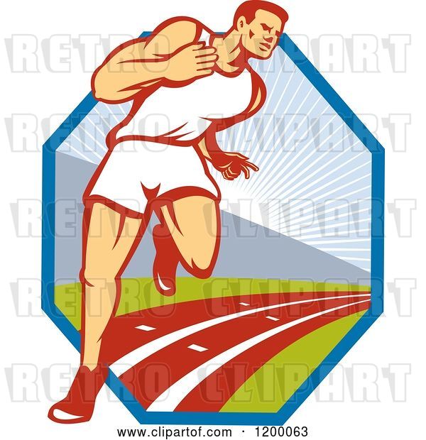 Vector Clip Art of Retro Marathon Runner Guy on a Track over a Hexagon
