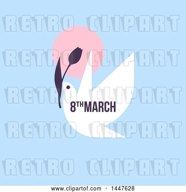 Vector Clip Art of Retro March 8th International Women's Day Design with a Dove Flying with a Flower on Blue