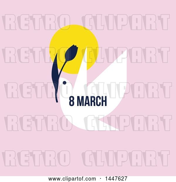 Vector Clip Art of Retro March 8th International Women's Day Design with a Dove Flying with a Flower on Pink