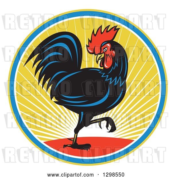 Vector Clip Art of Retro Marching Black Rooster in a Circle of Sunshine