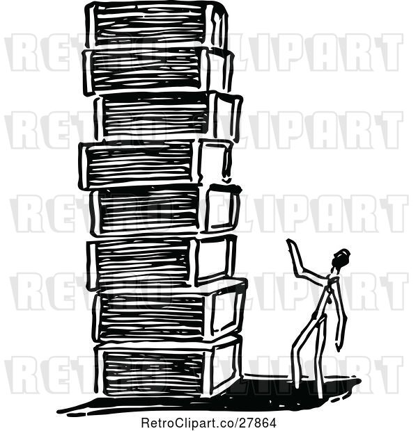 Vector Clip Art of Retro Match Stick Guy with a Stack of Boxes