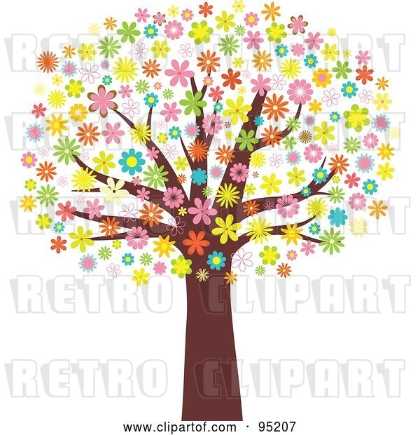 Vector Clip Art of Retro Mature Tree with an Umbrella of Blossoming Flowers