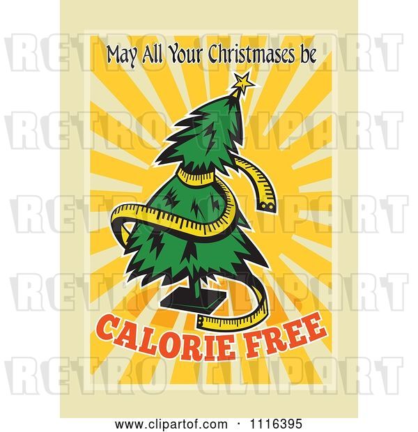 Vector Clip Art of Retro Measuring Tape Around a Christmas Tree with Calorie Free Text