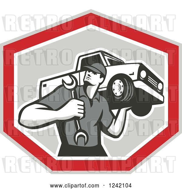 Vector Clip Art of Retro Mechanic Carrying a Wrench and Pickup Truck in a Shield